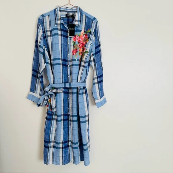 New Ralph Lauren Floral & Plaid Lightweight Linen Button Down Shirtdress Midi - Picture 3 of 15